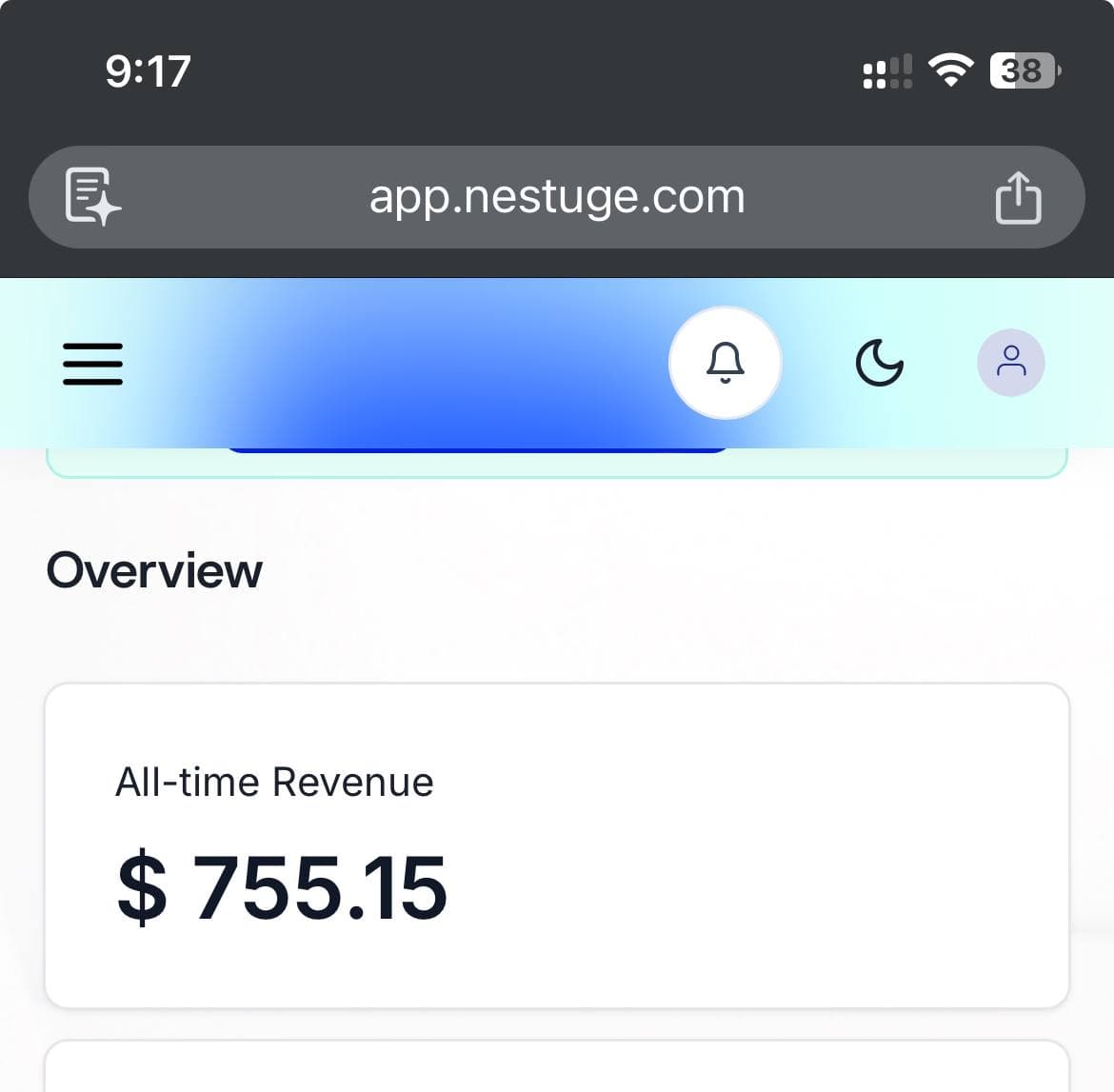 Nestuge $755.15 all-time revenue dashboard