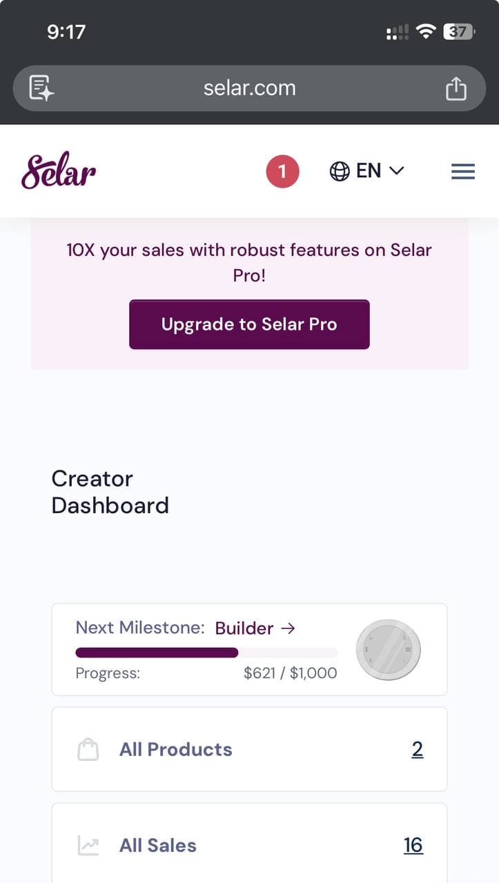 Selar Creator Dashboard showing $621 progress and 16 sales